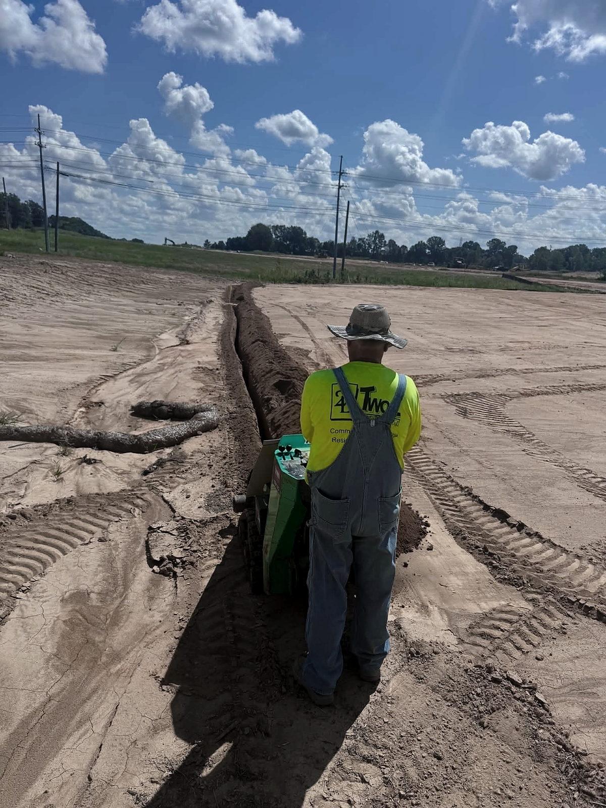 A crew member walking the trench line beside the trencher, spoil on both sides, the site open to the sky